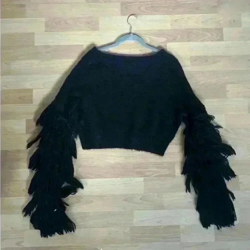 Ivory Rose Cropped Fringe Sleeve Sweater - Picture 1 of 1